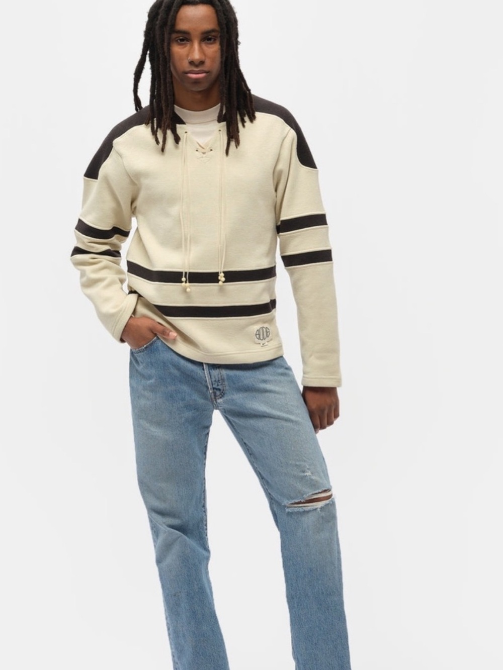 NWT Nike x Bode Limited Edition Men's Cream and Black Striped Crew Sweater